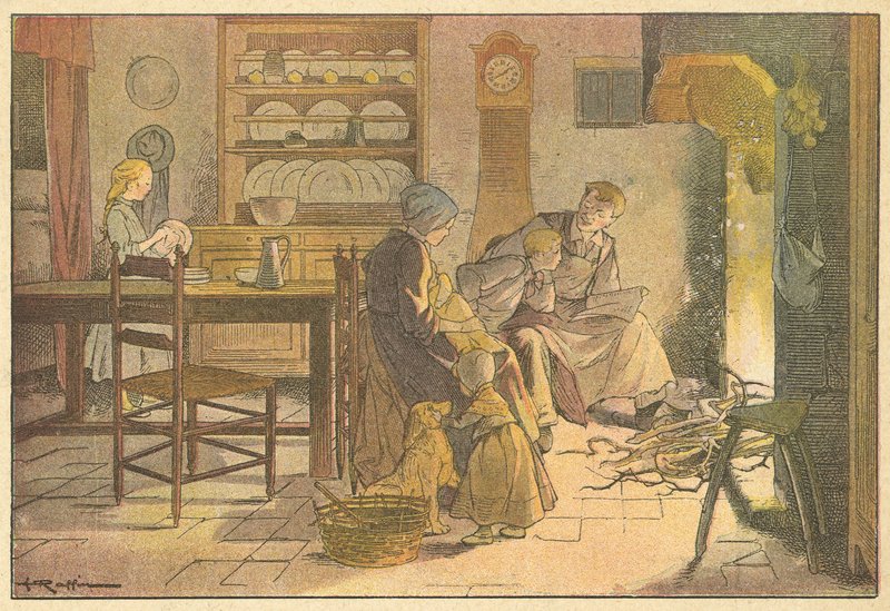 Noche en familia (litografía en color) de French School