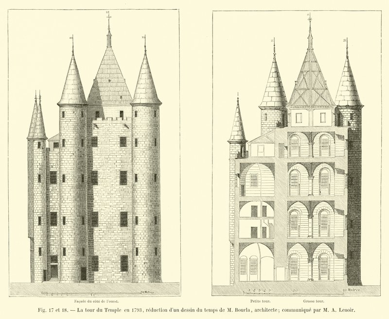 La torre del Temple en 1793, reducción de un dibujo de la época de M. Bourla, arquitecto; comunicado por M. A. Lenoir de French School
