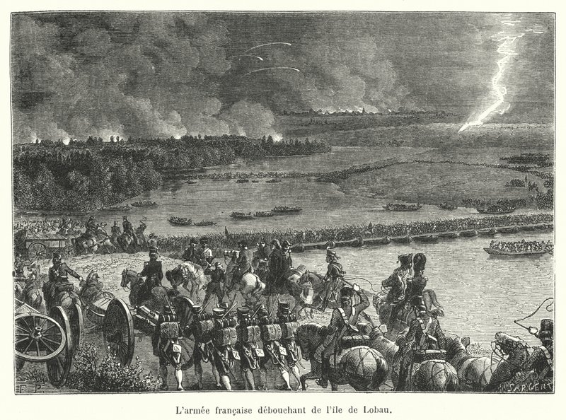 El ejército francés saliendo de la isla de Lobau de French School