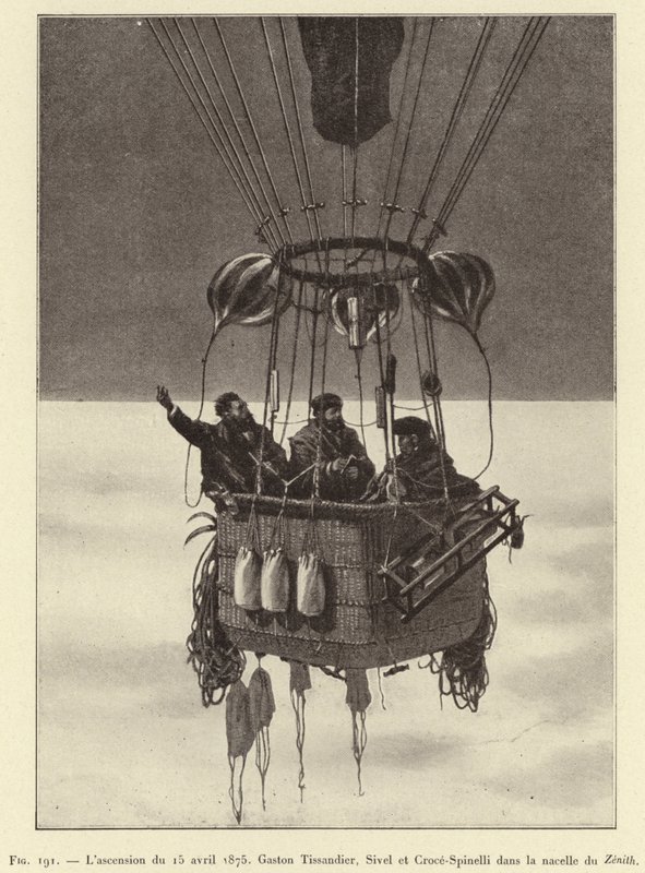 La ascensión del 15 de abril de 1875, Gaston Tissandier, Sivel y Croce-Spinelli en la góndola del Zenith de French School