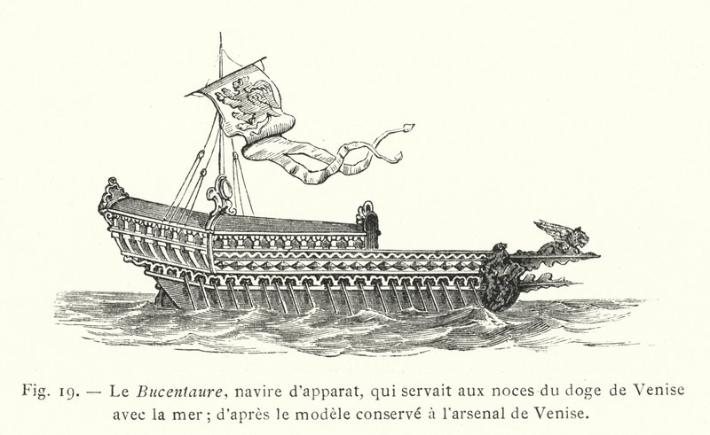 El Bucentauro, barco ceremonial, que servía para las bodas del dogo de Venecia con el mar; según el modelo conservado en el arsenal de Venecia de French School