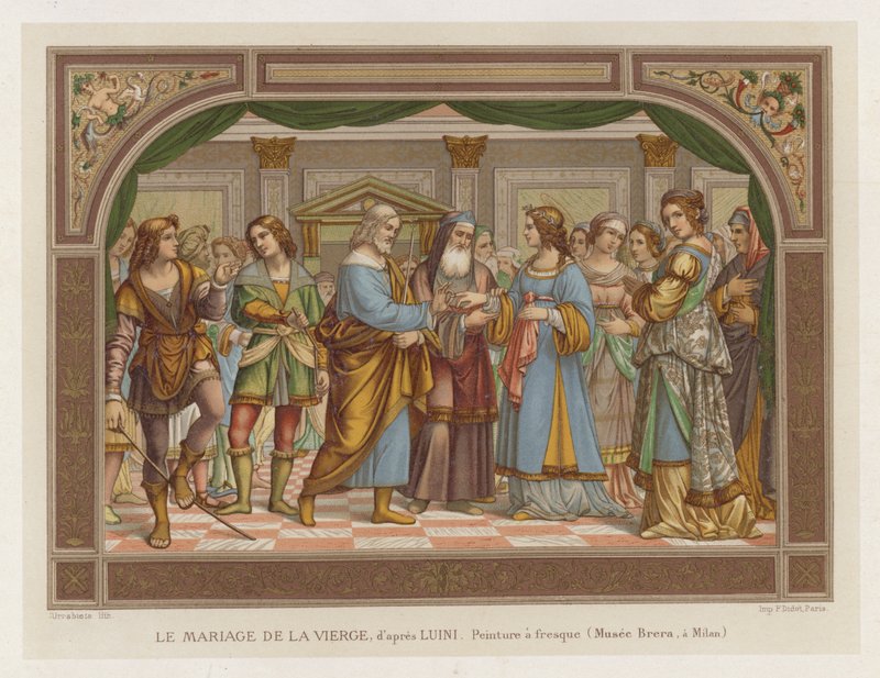 El Matrimonio de la Virgen, según Luini, Pintura al fresco, Museo Brera, en Milán de French School