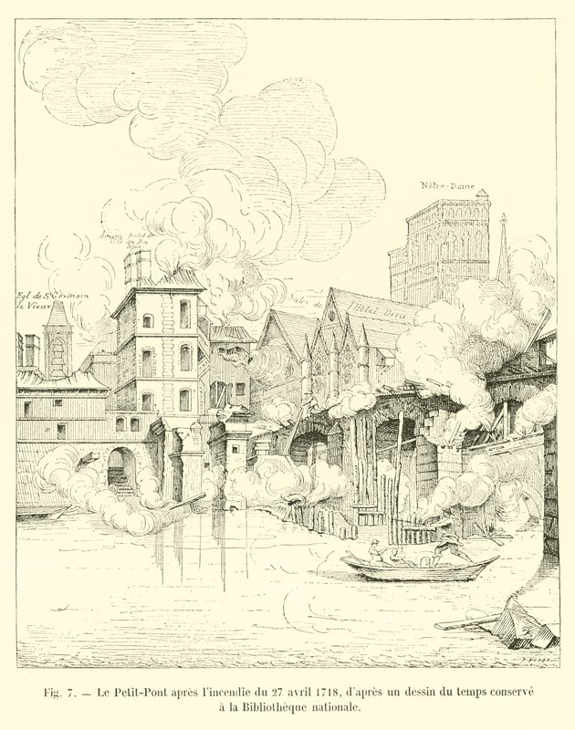 Le Petit-Pont después del incendio del 27 de abril de 1718, según un dibujo de la época conservado en la Biblioteca Nacional de French School