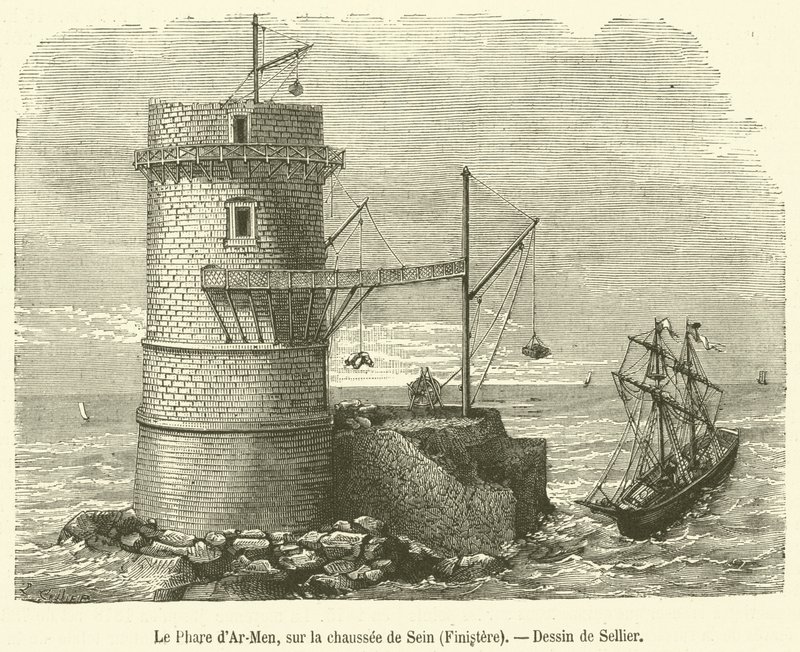 El Faro de Ar-Men, en la calzada de Sein, Finisterre de French School