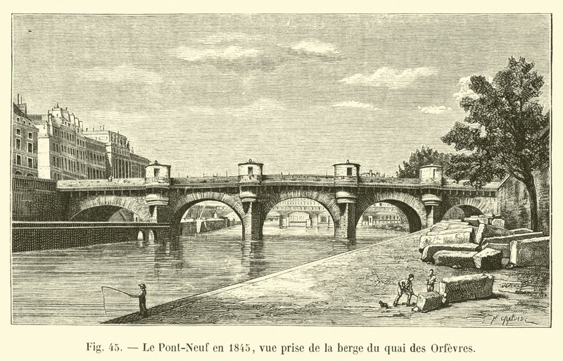 Le Pont-Neuf en 1845, vista desde la orilla del muelle de los Orfebres de French School