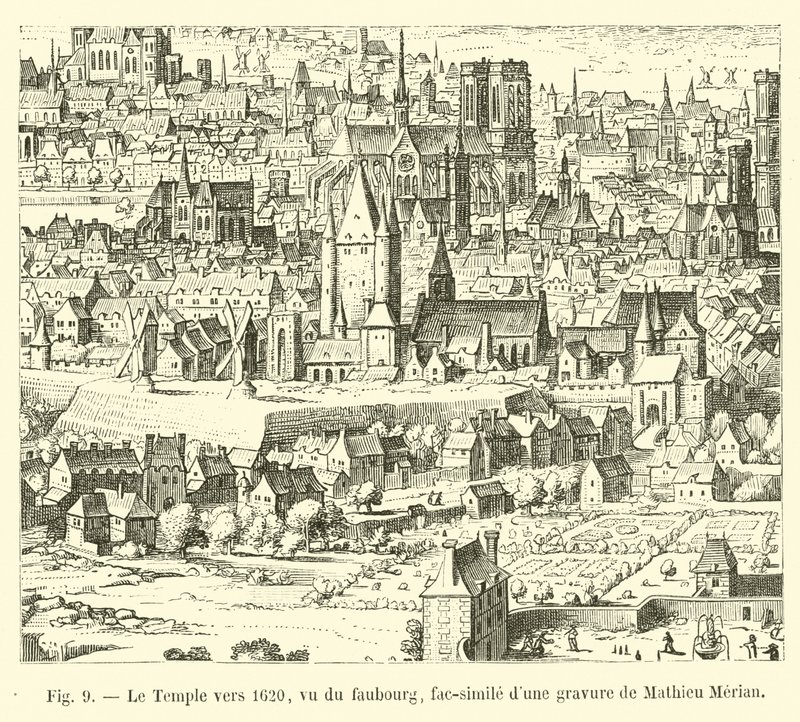 El Temple hacia 1620, visto desde el suburbio, facsímil de un grabado de Mathieu Merian de French School