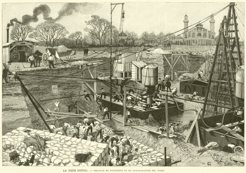 La Torre Eiffel, trabajos de fundación y consolidación de las pilas de French School