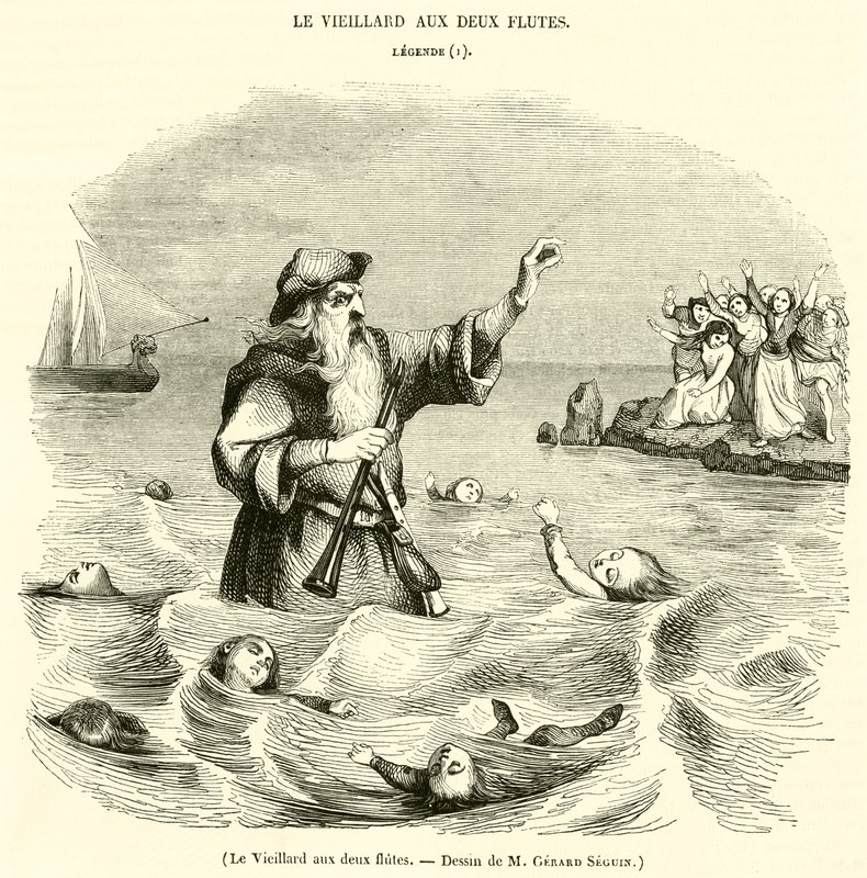 El viejo de las dos flautas (grabado) de French School