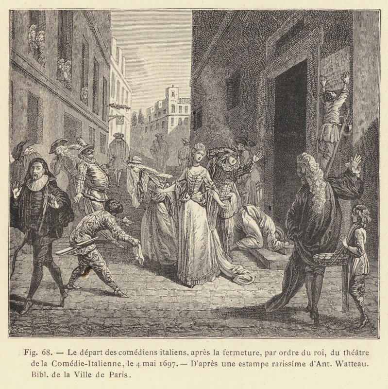 La partida de los comediantes italianos, tras el cierre, por orden del rey, del teatro de la Comedia Italiana, el 4 de mayo de 1697 de French School