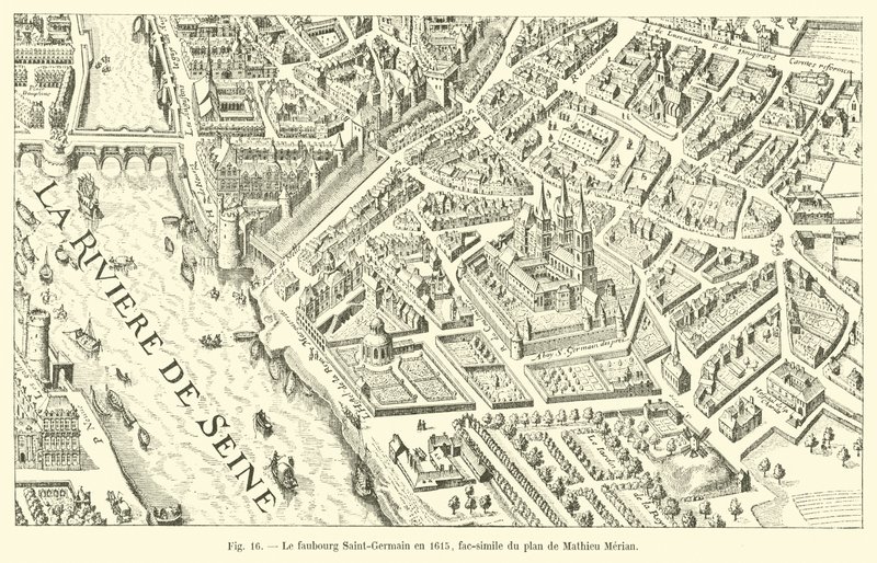 El suburbio Saint-Germain en 1615, facsímil del plan de Mathieu Merian de French School