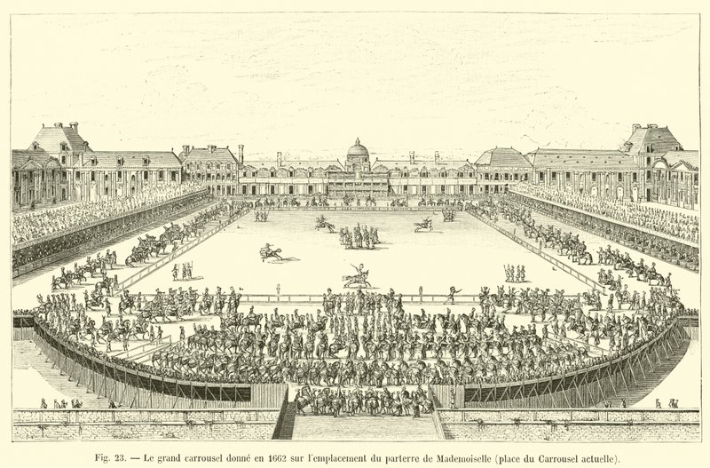 El gran carrusel dado en 1662 en el lugar del parterre de Mademoiselle, plaza del Carrusel actual de French School