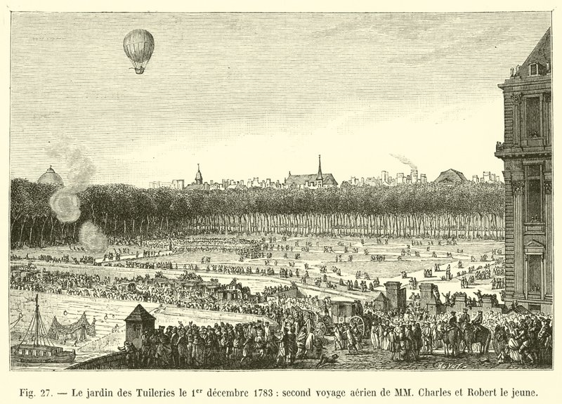 El jardín de las Tullerías el 1 de diciembre de 1783, segundo viaje aéreo de MM Charles y Robert el joven de French School