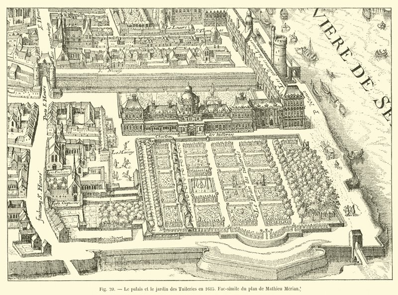 El palacio y el jardín de las Tullerías en 1615, facsímil del plano de Mathieu Merian de French School