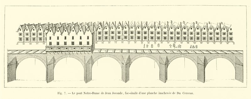 El puente Notre-Dame de Jean Joconde, facsímil de una plancha inacabada de Du Cerceau de French School