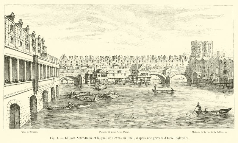 El puente Notre-Dame y el muelle de Gevres en 1660, según un grabado de Israel Sylvestre de French School