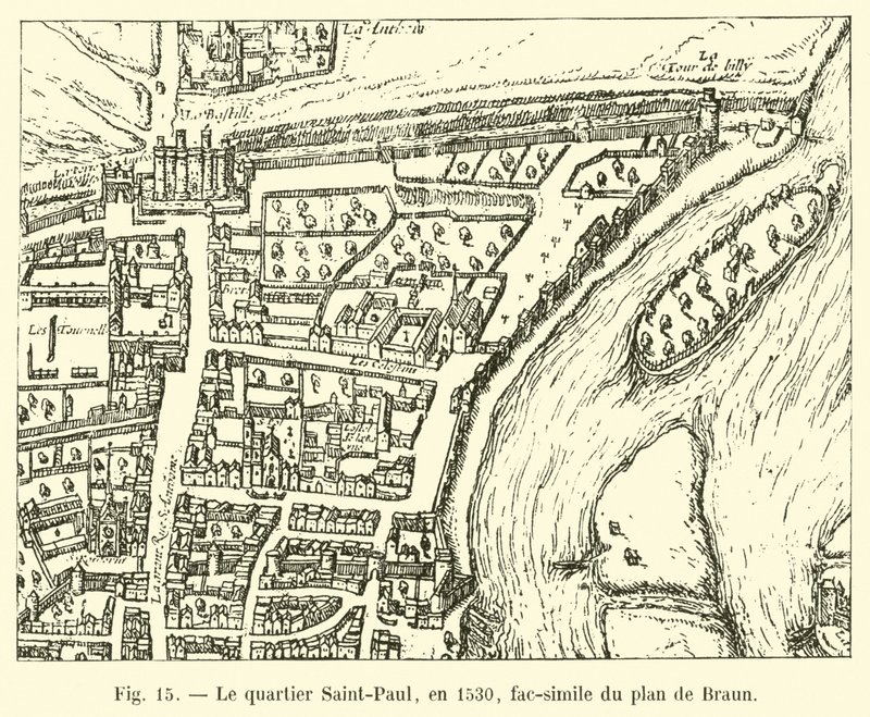 El barrio de Saint-Paul, en 1530, facsímil del plano de Braun de French School
