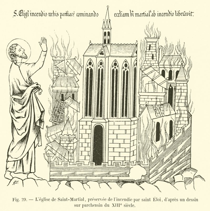 La iglesia de Saint-Martial, preservada del incendio por san Eloi, según un dibujo en pergamino del siglo XIII de French School