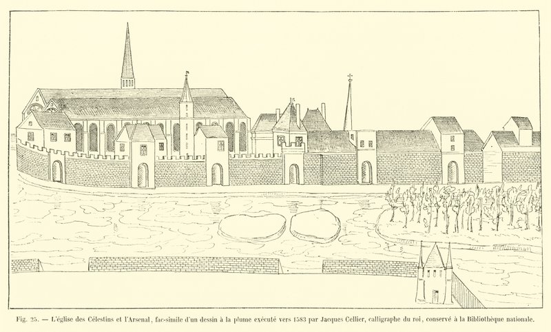 La iglesia de los Celestinos y el Arsenal, facsímil de un dibujo a pluma realizado hacia 1583 por Jacques Cellier, calígrafo del rey, conservado en la Biblioteca Nacional de French School