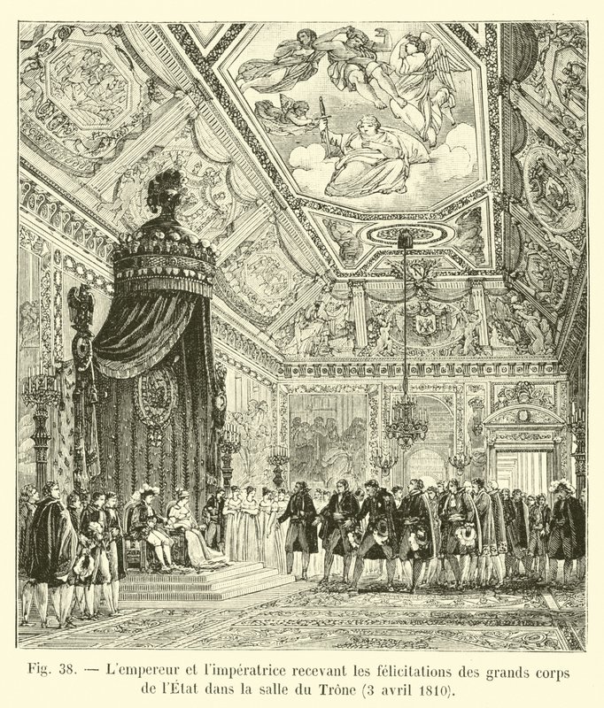 El Emperador y la Emperatriz recibiendo las felicitaciones de los grandes cuerpos del Estado en la sala del Trono, 3 de abril de 1810 de French School