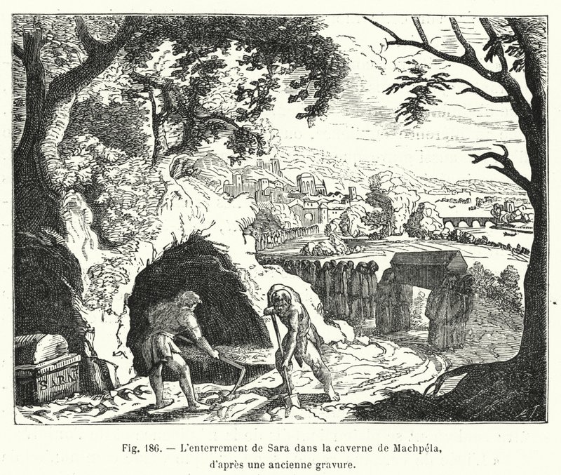El entierro de Sara en la caverna de Macpela, según una antigua grabado de French School