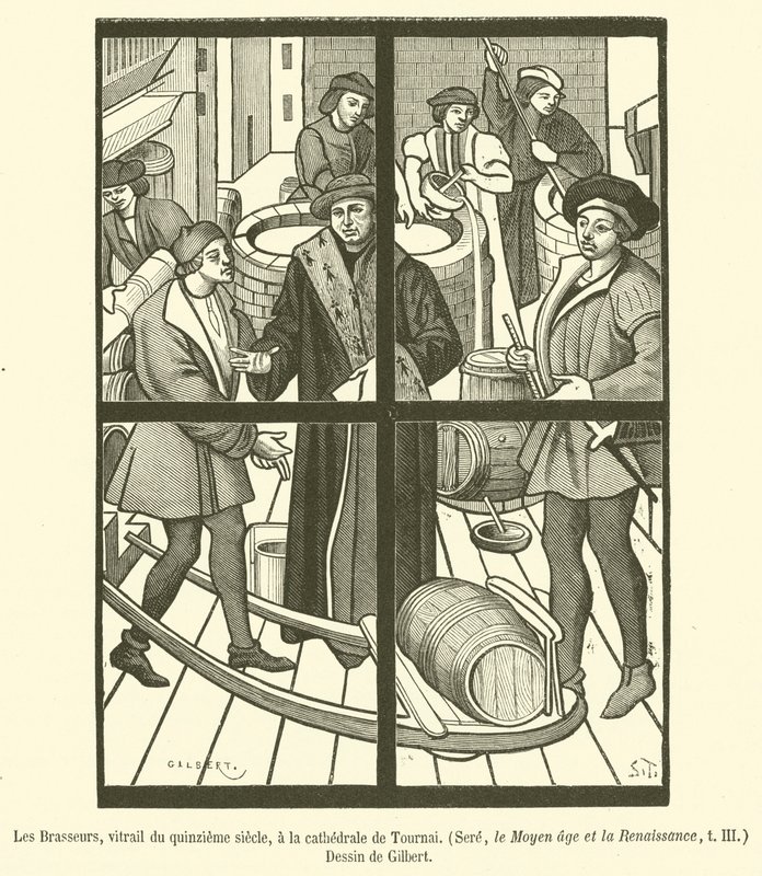 Los Cerveceros, vitral del siglo XV, en la catedral de Tournai de French School