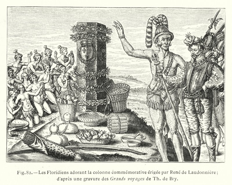 Los floridanos adorando la columna conmemorativa erigida por René de Laudonnière; según un grabado de los Grandes viajes de Th de Bry de French School