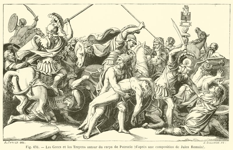 Los griegos y los troyanos alrededor del cuerpo de Patroclo de French School