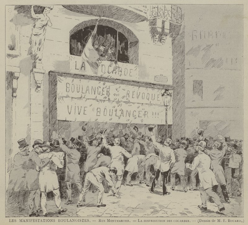 Les Manifestations Boulangistes, Rue Montmartre, La distribution des cocardes (grabado) de French School
