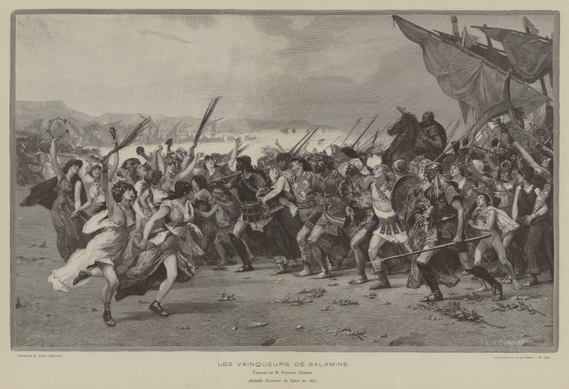 Los vencedores de Salamina (grabado) de French School