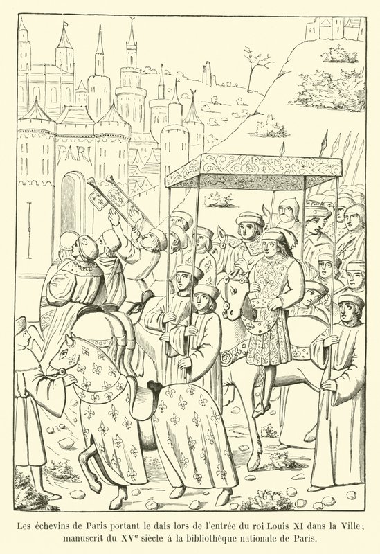 Los concejales de París llevando el dosel durante la entrada del rey Luis XI en la ciudad; manuscrito del siglo XV en la biblioteca nacional de París de French School