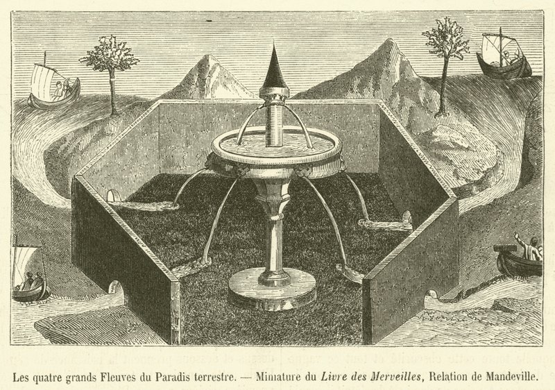 Los cuatro grandes Ríos del Paraíso terrenal, Miniatura del Libro de las Maravillas, Relación de Mandeville de French School