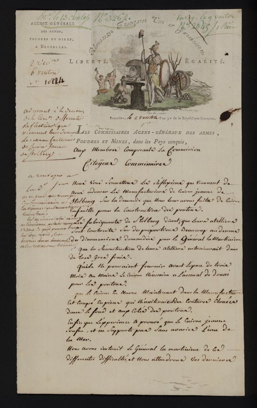 Carta de la Agencia General de Armas, Pólvoras y Minas, Bruselas, después de que los Países Bajos del Sur fueran anexados por Francia de French School