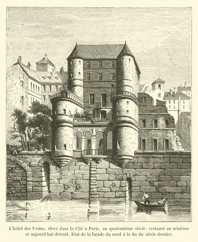 Hotel des Ursins, levantado en la Ciudad de París en el siglo XIV, restaurado en el XVI y hoy destruido, Estado de la fachada norte a finales del siglo pasado de French School