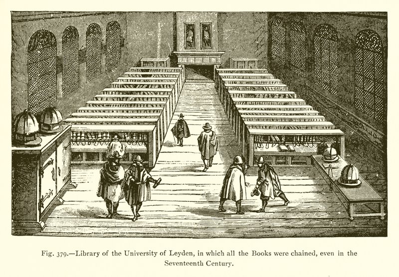 Biblioteca de la Universidad de Leiden, en la que todos los libros estaban encadenados, incluso en el siglo XVII de French School