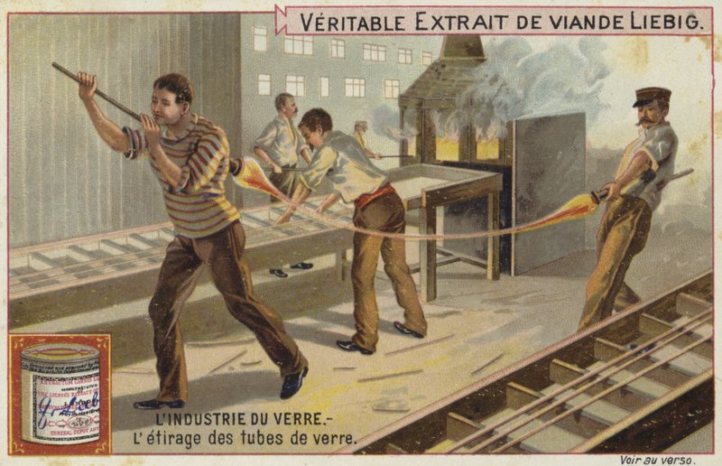Tarjeta Liebig con la industria del vidrio de French School