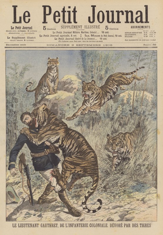 El teniente Gauthret de la infantería colonial francesa devorado por tigres en Annam de French School