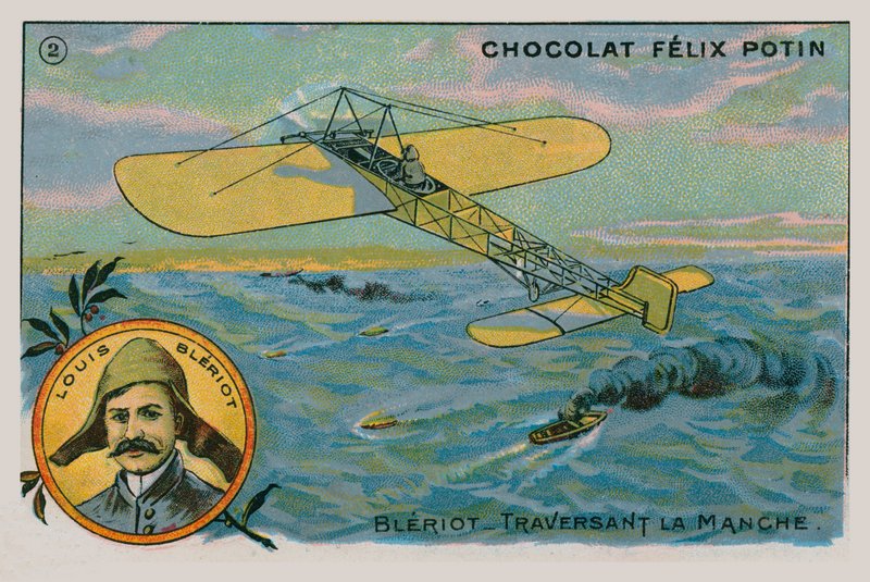 Louis Blériot realizando el primer vuelo a través del Canal de la Mancha en un avión más pesado que el aire, 1909 de French School