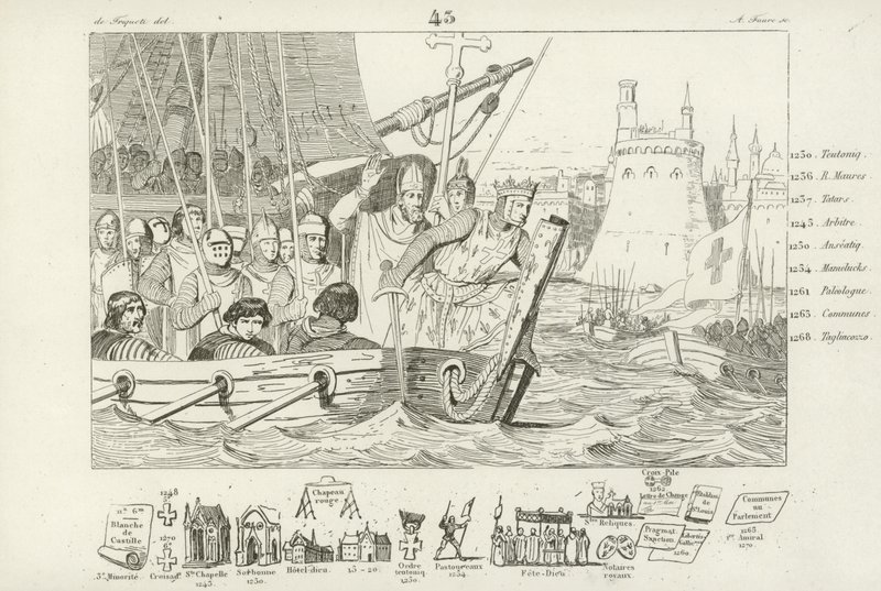 Luis IX de Francia liderando el ataque a Damieta, Egipto, Séptima Cruzada, 1249 de French School