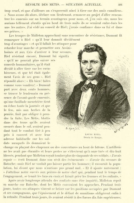 Louis Riel, político canadiense y líder del pueblo Métis de las praderas canadienses de French School