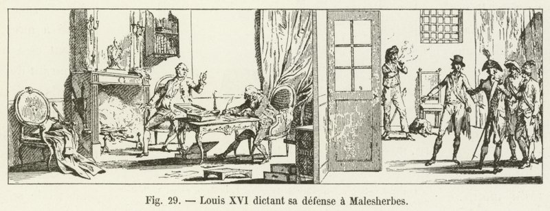Luis XVI dictando su defensa a Malesherbes de French School