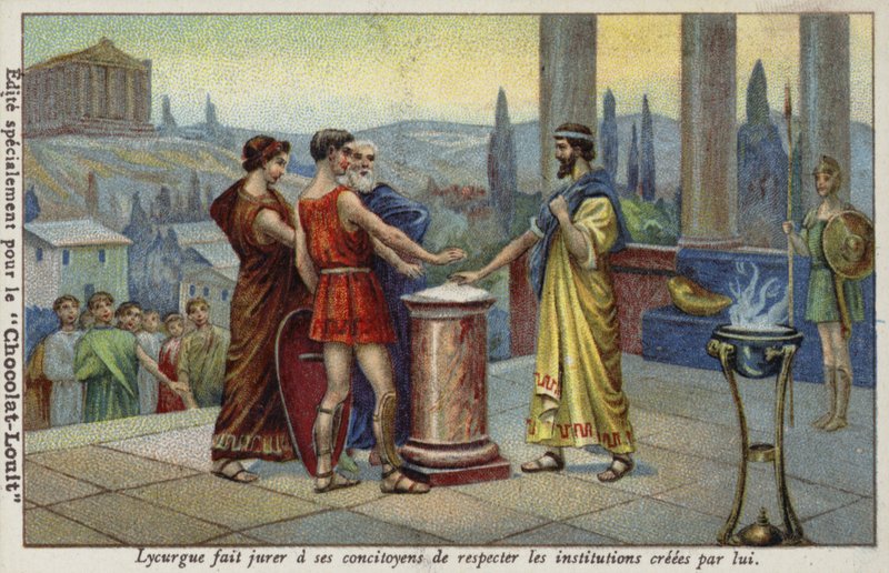 Licurgo de Esparta haciendo que sus conciudadanos juren respetar las instituciones establecidas por él de French School