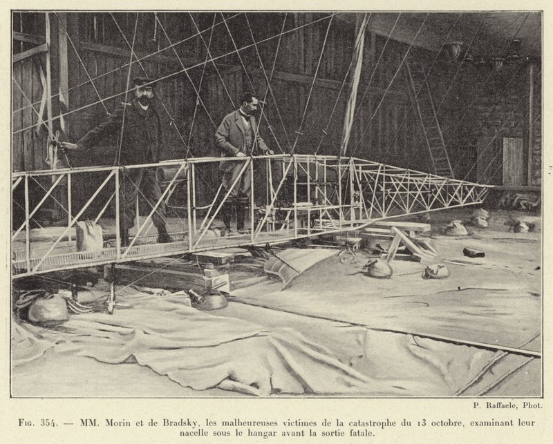 Morin y de Bradsky, las desafortunadas víctimas de la catástrofe del 13 de octubre, examinando su góndola bajo el hangar antes de la salida fatal (grabado) de French School