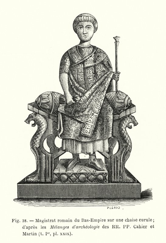 Magistrado romano del Bajo Imperio en una silla curul; según los Melanges d