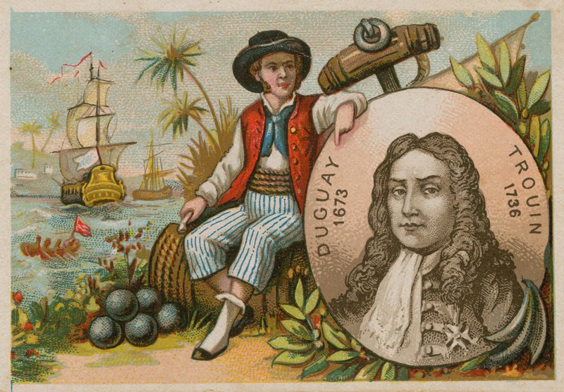 Hombre en Brasil sosteniendo un retrato de Duguay-Trouin de French School