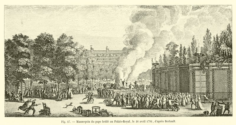 Maniquí del papa quemado en el Palais-Royal, el 16 de abril de 1791 de French School