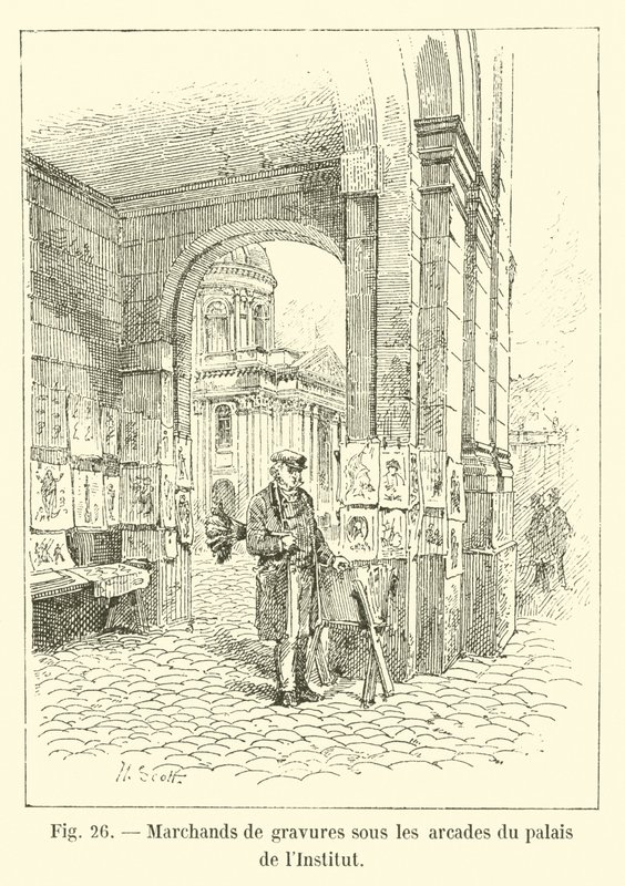 Mercaderes de grabados bajo las arcadas del palacio del Instituto de French School