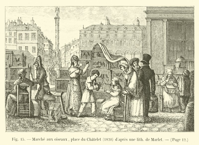 Mercado de aves, plaza del Châtelet, 1820, según una litografía de Marlet de French School