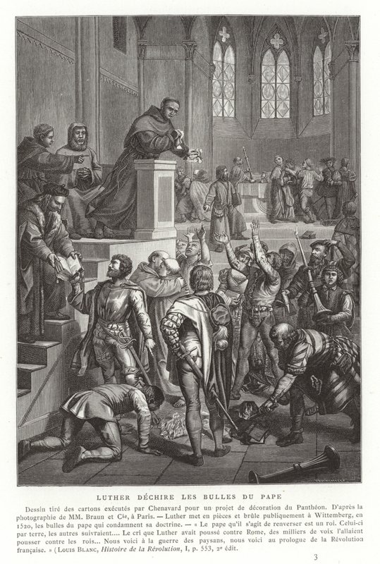 Martín Lutero rompiendo las bulas papales, Wittenberg, Alemania, 1520 de French School