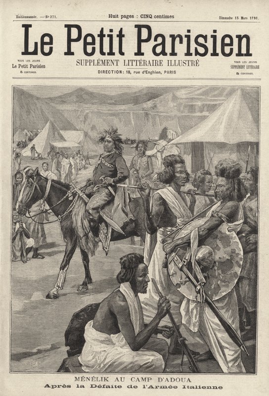 Menelik II, Emperador de Etiopía, en el campamento de Adwa después de la derrota del ejército italiano, Primera Guerra Italo-Etíope de French School