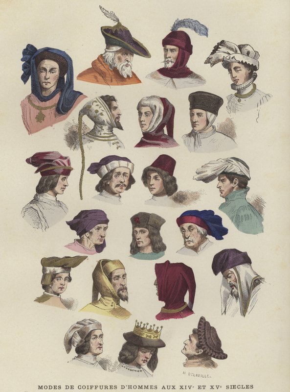 Sombreros y tocados masculinos, siglos XIV y XV de French School